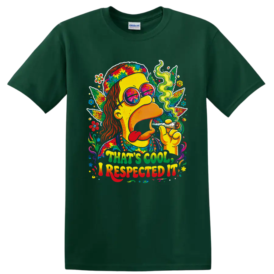 Psychedelic hippie cannabis portrait with peace sunglasses and THAT'S COOL, I RESPECTED on a Forest Green T Shirt