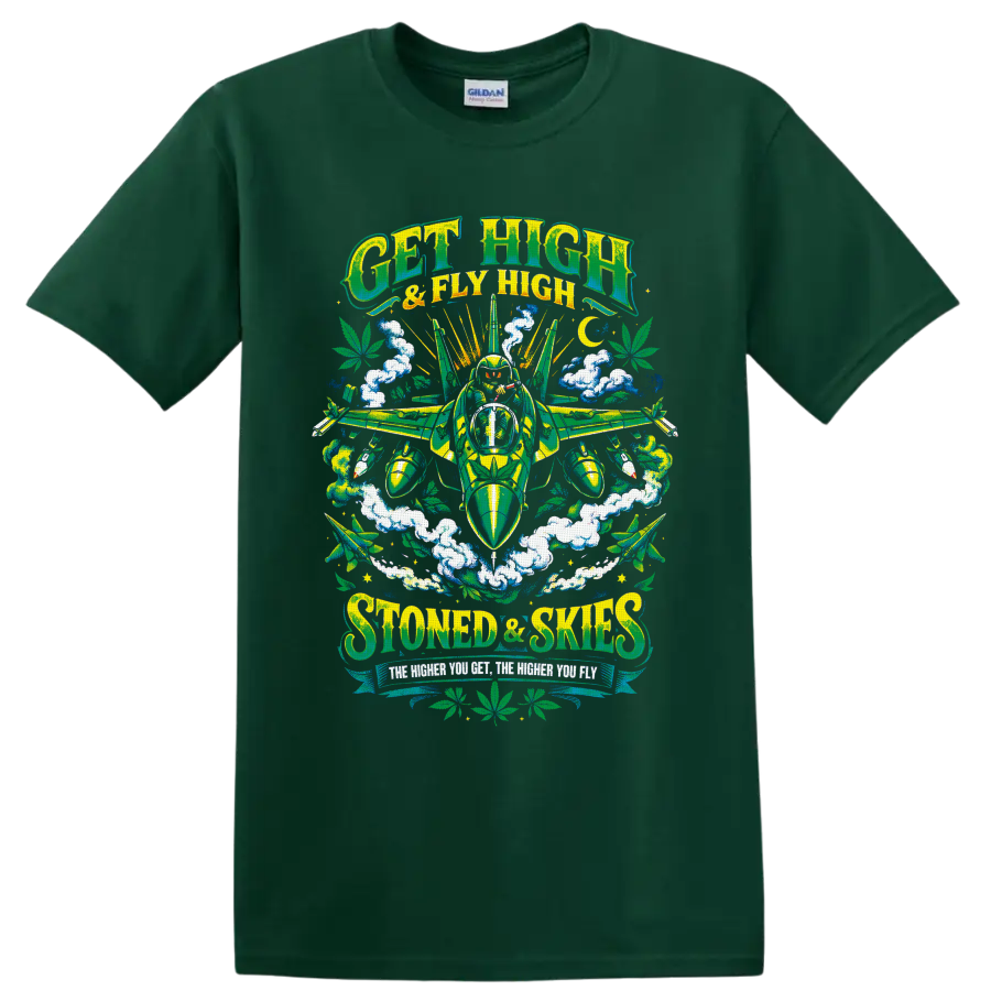 Get High & Fly High retro cannabis fighter jet with pilot, smoke clouds, and leaves on a Forest Green T Shirt