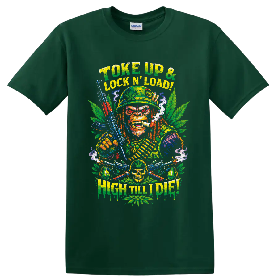 Psychedelic cannabis soldier monkey graphic with Toke Up and High Till I Die text on a Forest Green T Shirt