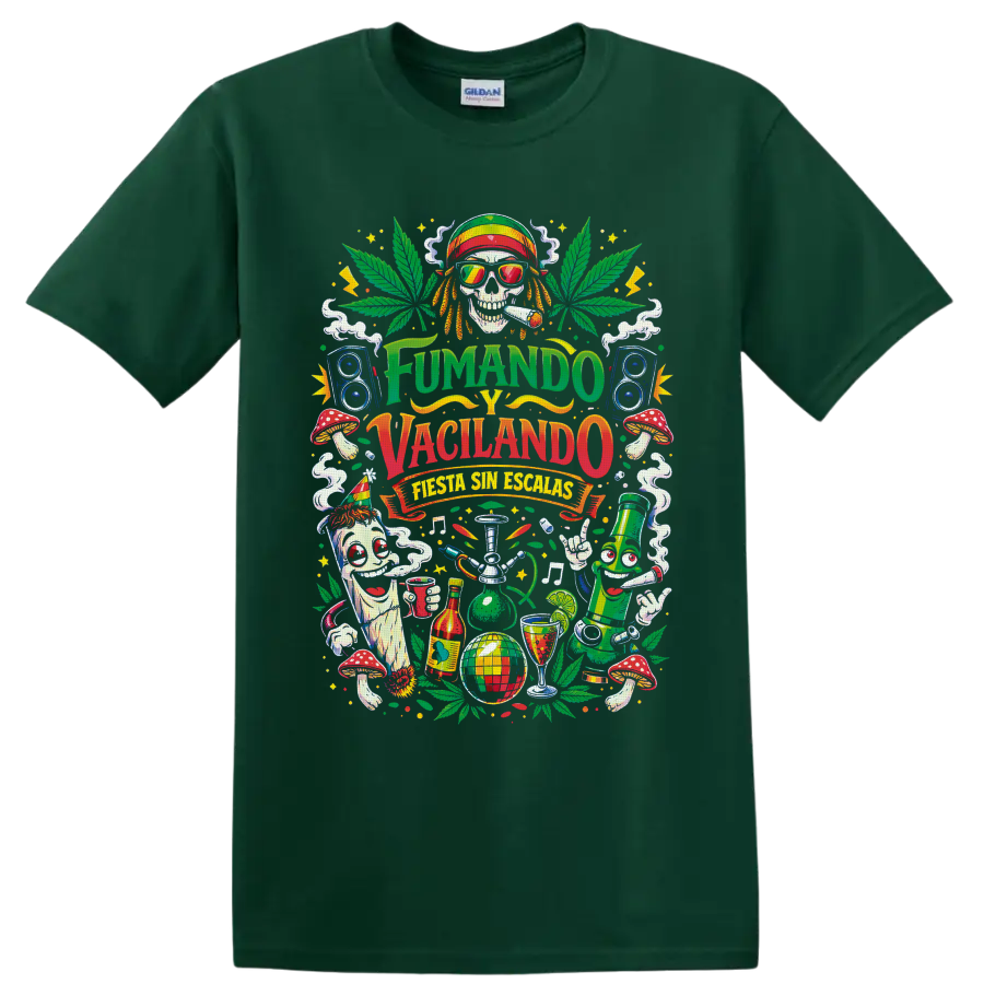 Psychedelic cannabis fiesta skull with speakers, mushrooms, and Fumando y Vacilando text on a Forest Green T Shirt