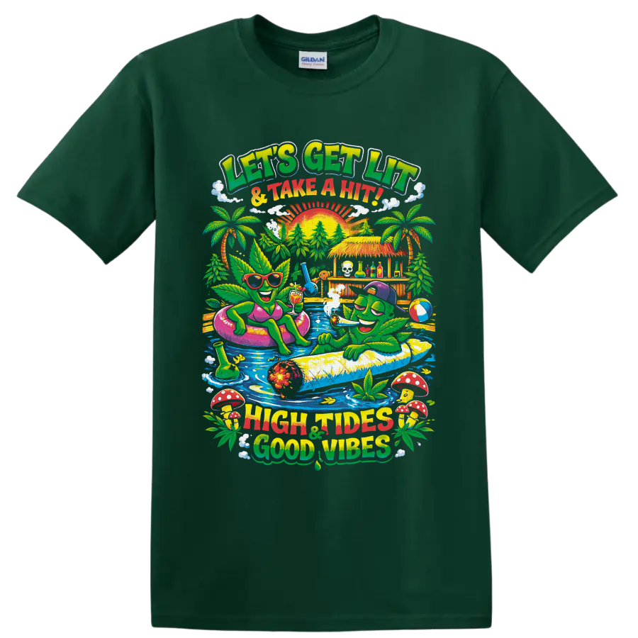 Retro cannabis leaf characters at a tropical pool party with High Tides Good Vibes text on a Forest Green T Shirt