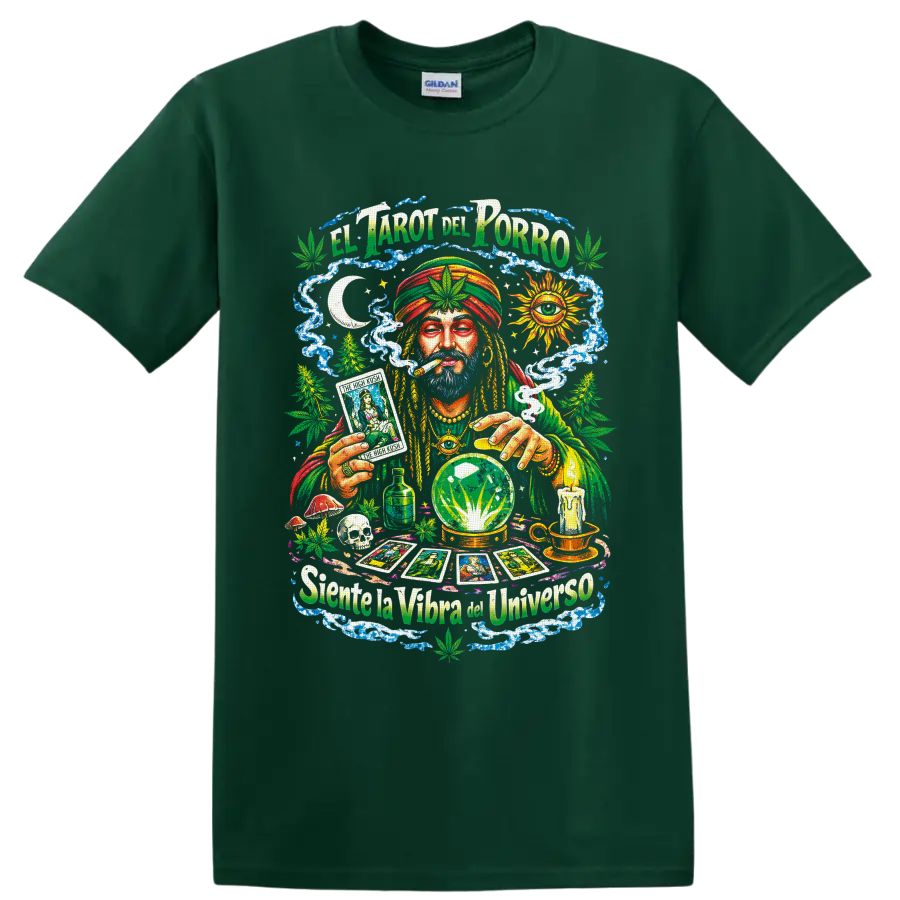Psychedelic cannabis tarot reader with crystal ball and El Tarot del Porro text on a Forest Green T Shirt