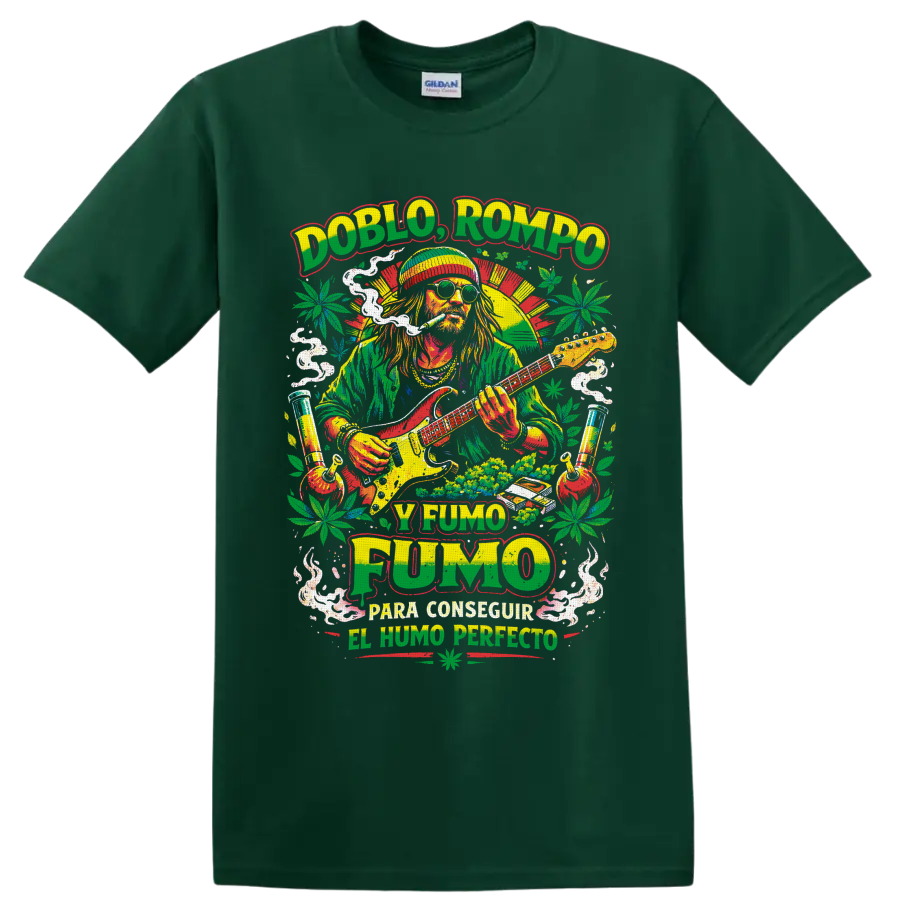 Doblo Rompo y Fumo guitarist with smoke, cannabis leaves, and retro poster art on a Forest Green T Shirt