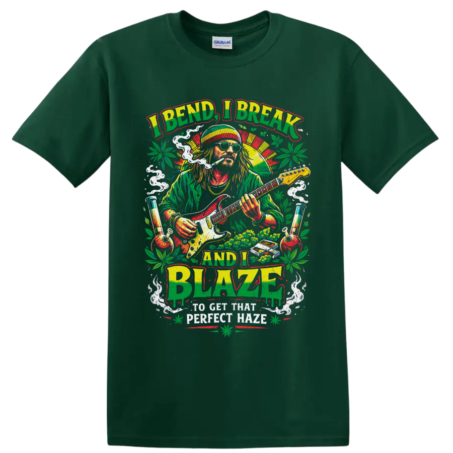Retro cannabis guitarist graphic with smoke, leaves, water pipes, and I Bend I Break and on a Forest Green T Shirt
