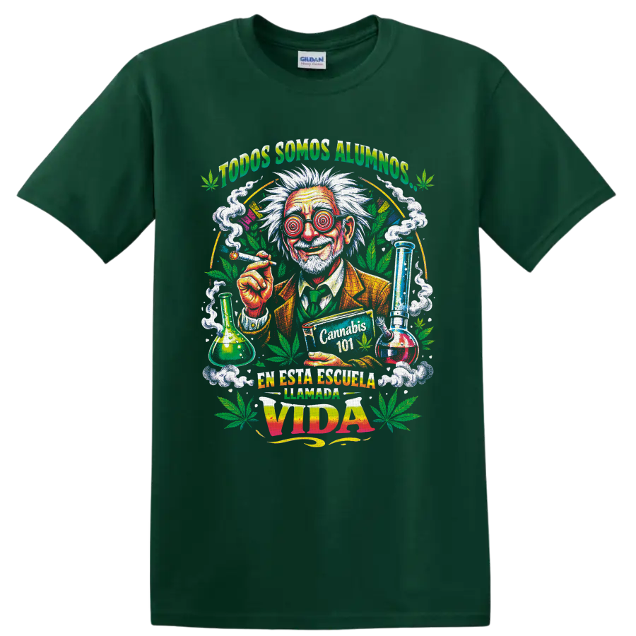 Psychedelic mad scientist Cannabis 101 graphic with leaves, smoke, and lab glassware on a Forest Green T Shirt