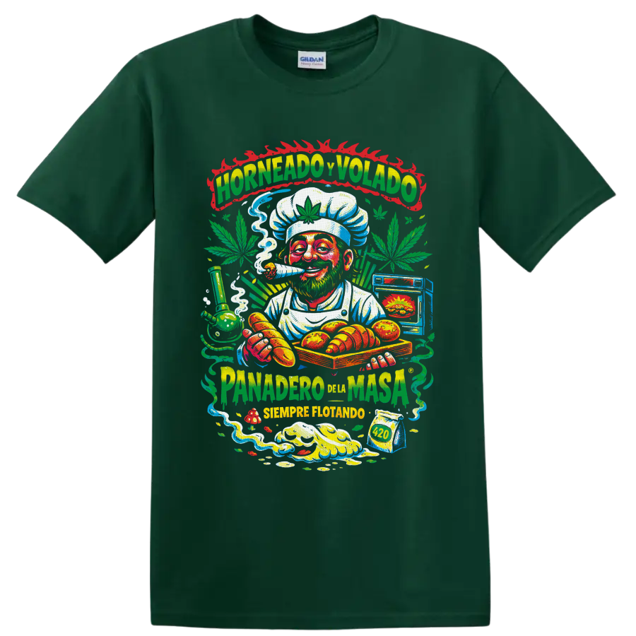Colorful 420 cannabis baker chef graphic with pastries, leaves, smoke, and Spanish text on a Forest Green T Shirt