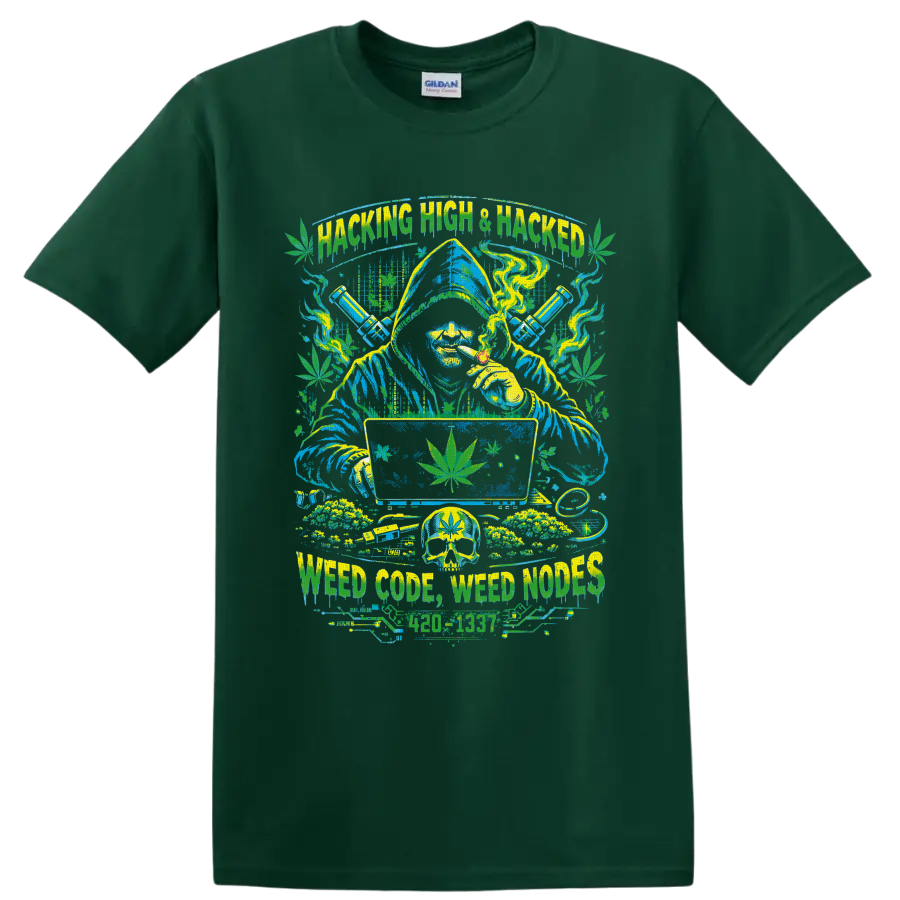 Hacking High wizard with cannabis leaves, smoke, computer, skull, and water pipes on a Forest Green T Shirt