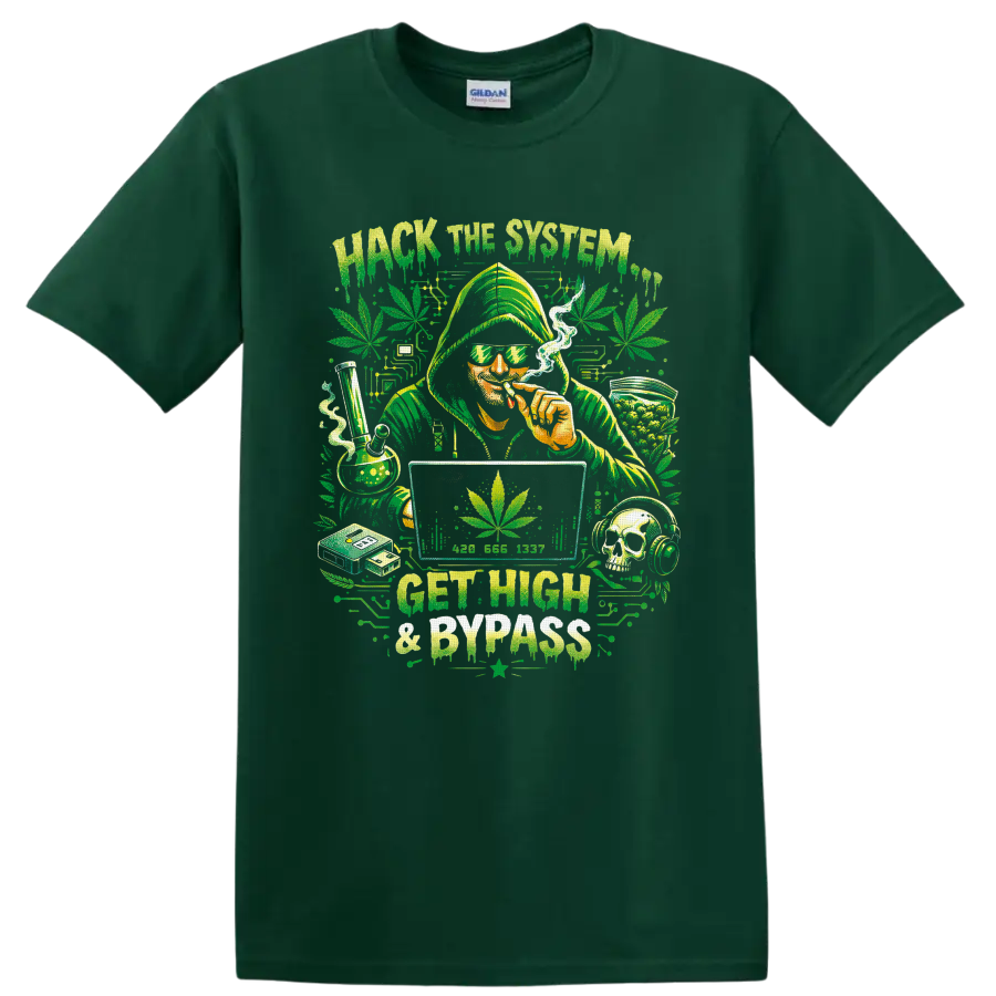 Hooded cannabis smoker with bong, computer, skull headphones, and Hack the System text on a Forest Green T Shirt