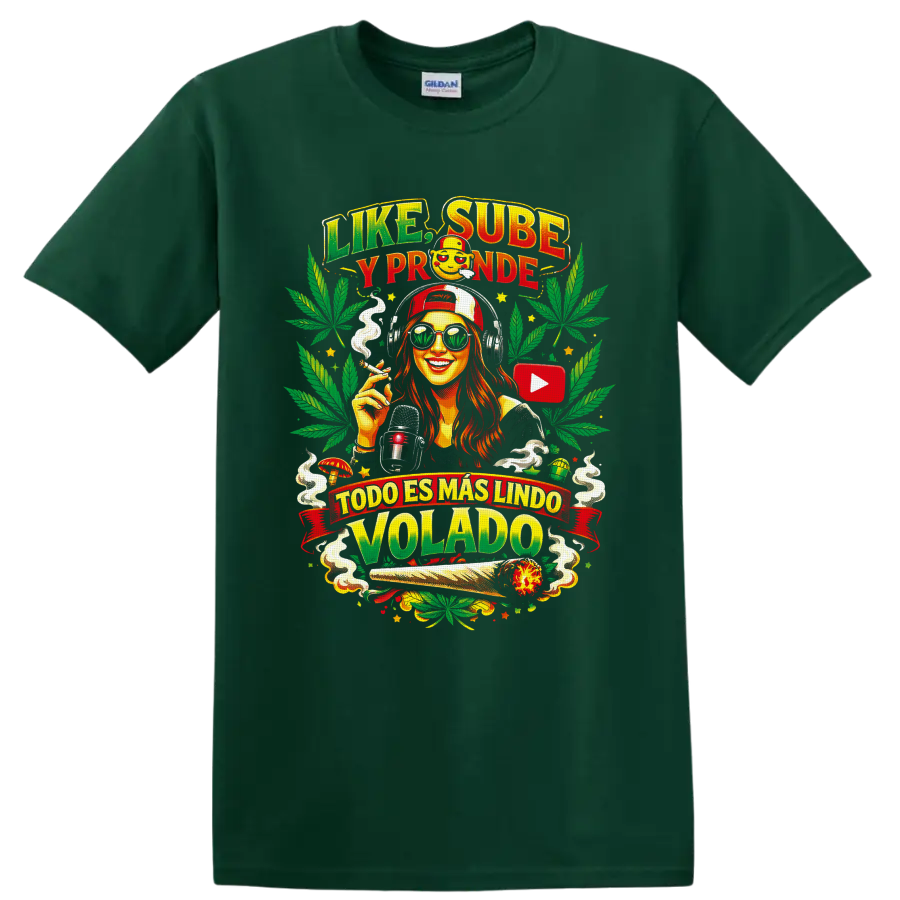 Cannabis culture woman with headphones, microphone, leaves, and Spanish slogan art on a Forest Green T Shirt
