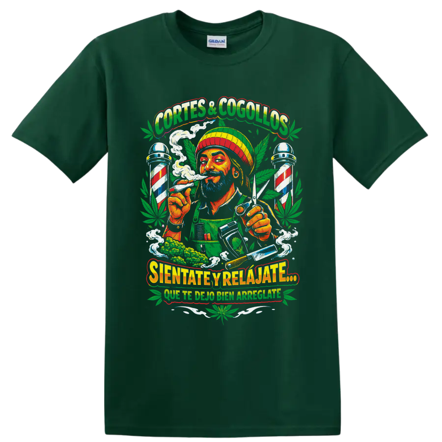 Colorful cannabis barber illustration with scissors, striped poles, smoke, and leaves on a Forest Green T Shirt