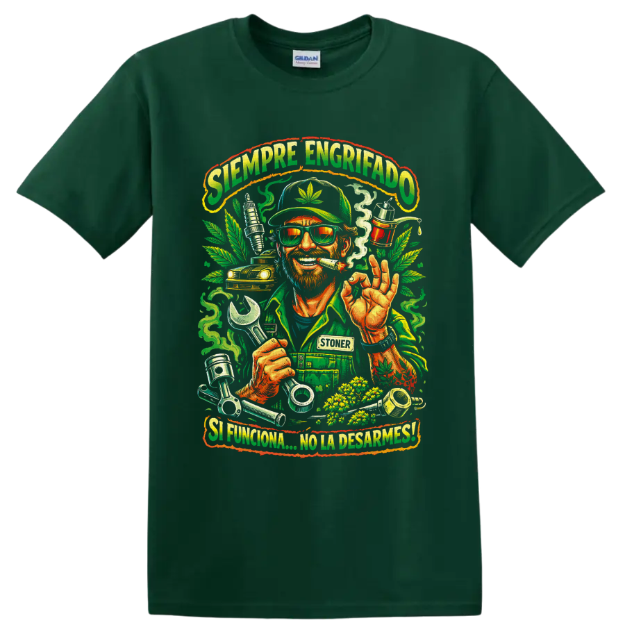 Cannabis mechanic with wrench, leaves, engine parts, and Siempre Engrifado lettering on a Forest Green T Shirt