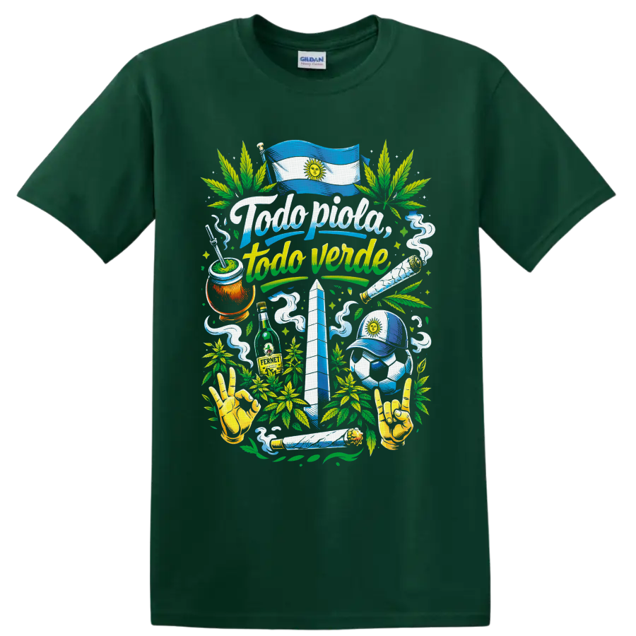 Argentina 420 collage with sun flag, mate, soccer, obelisk, cannabis leaves and smoke on a Forest Green T Shirt