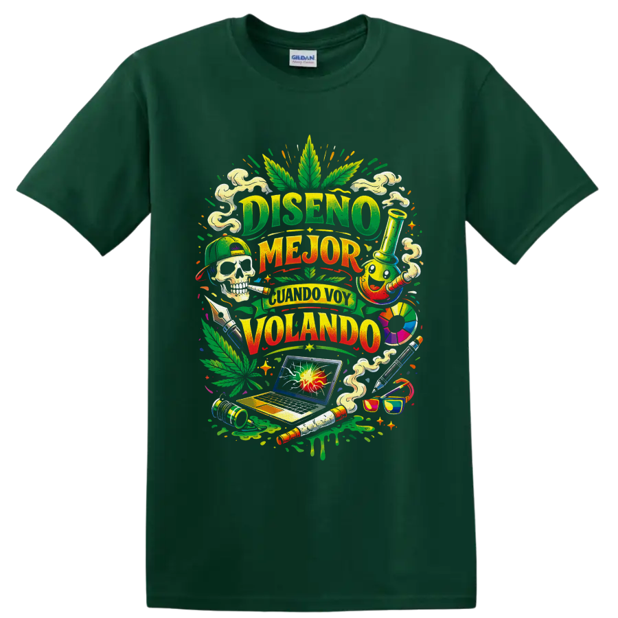 Colorful cannabis culture collage with Spanish lettering, leaf, skull, bong, and laptop on a Forest Green T Shirt