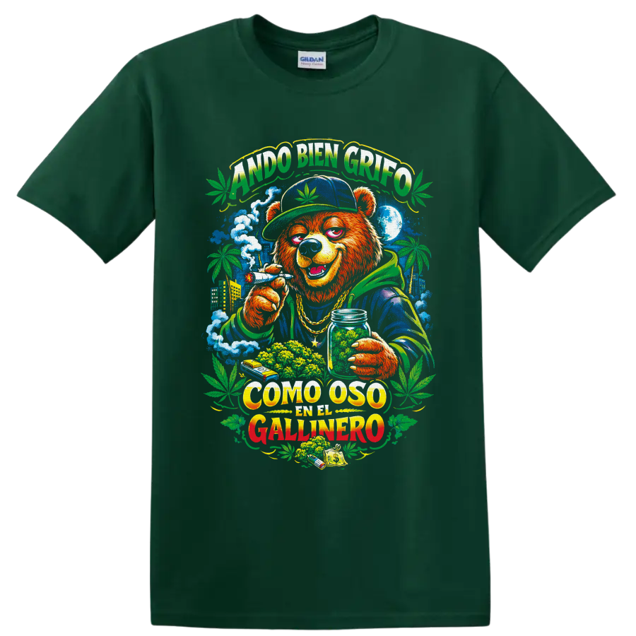 Cannabis bear street-art graphic with Spanish text, city skyline, leaves, and smoke on a Forest Green T Shirt