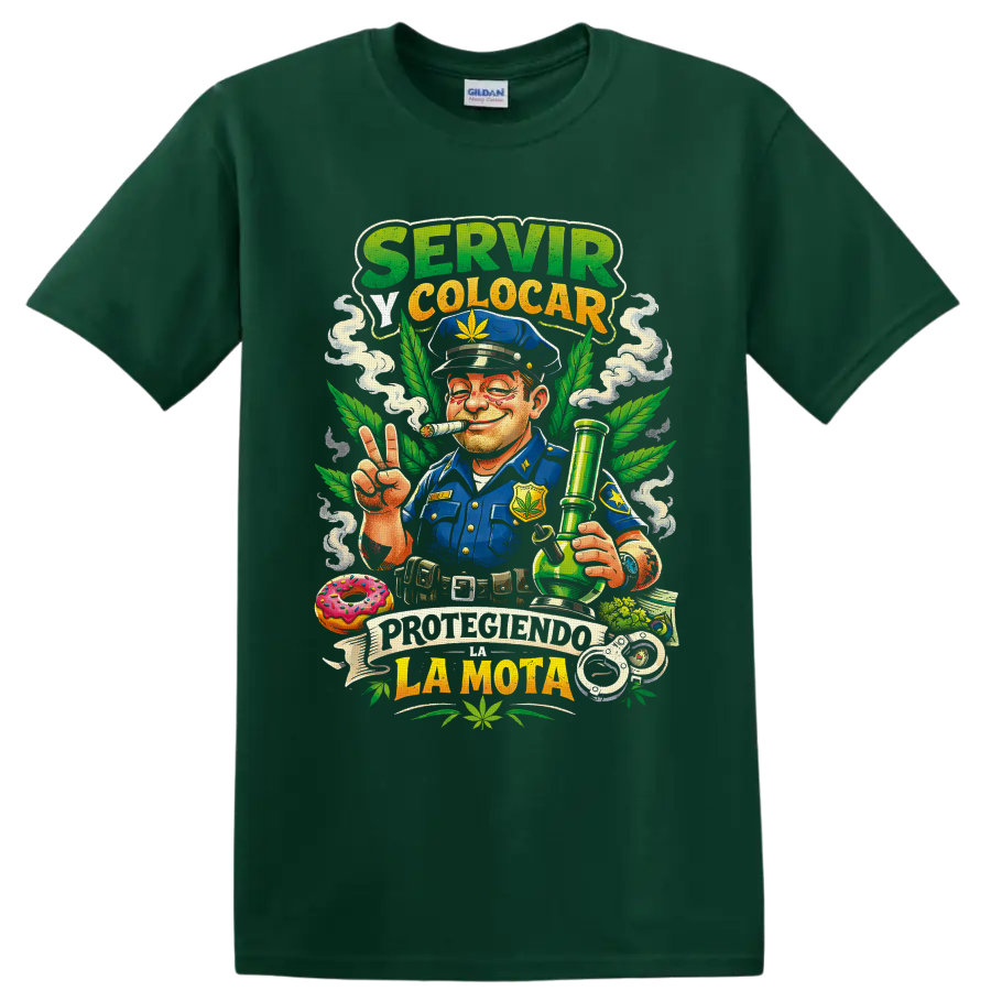 Cannabis police parody cartoon officer with bong, leaves, smoke, and Spanish text on a Forest Green T Shirt