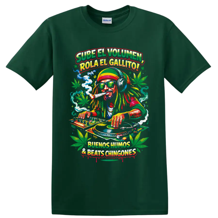 Cannabis DJ with turntables, headphones, smoke, leaves, and Spanish reggae-style text on a Forest Green T Shirt