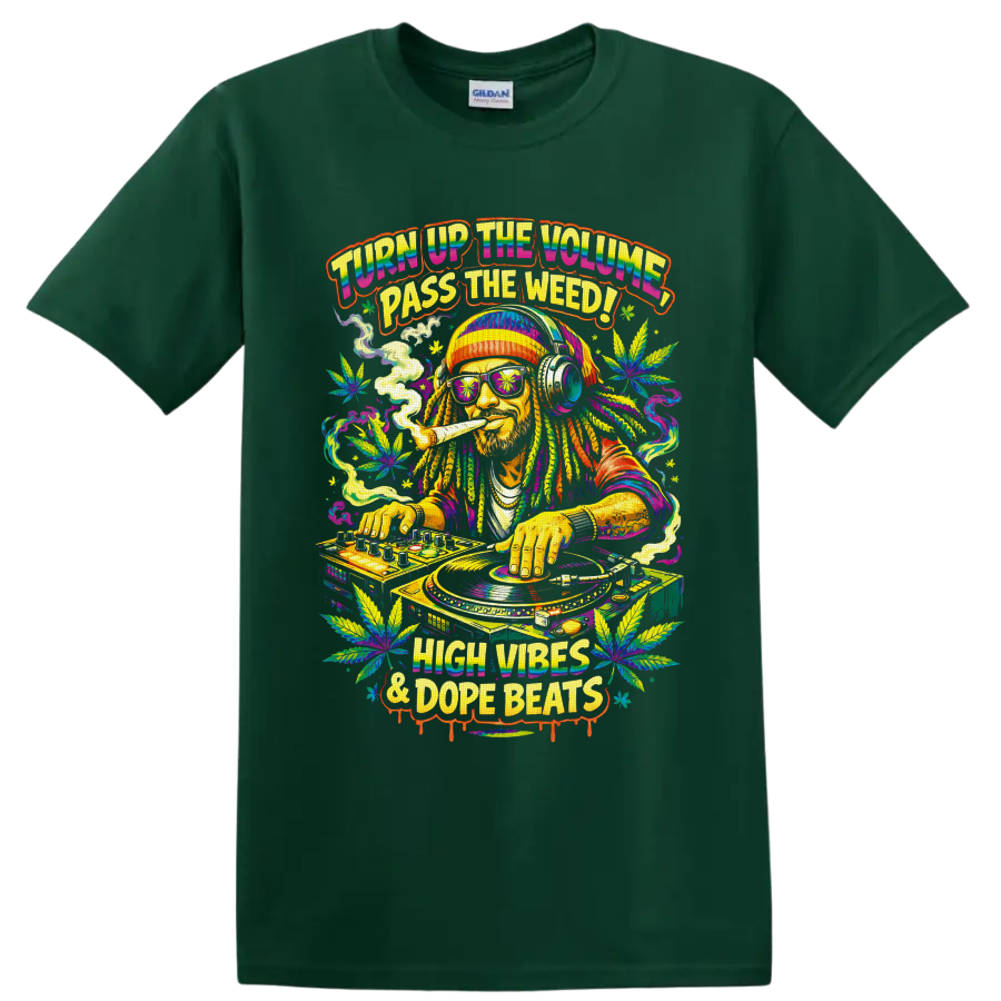 Psychedelic cannabis DJ at turntables with leaves and High Vibes & Dope Beats text on a Forest Green T Shirt
