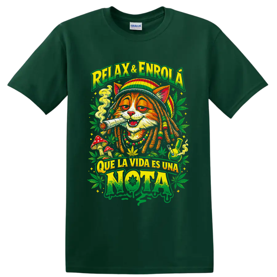 Rasta cat cannabis graphic with smoke, mushrooms, leaves, and Que La Vida Es Una Nota text on a Forest Green T Shirt