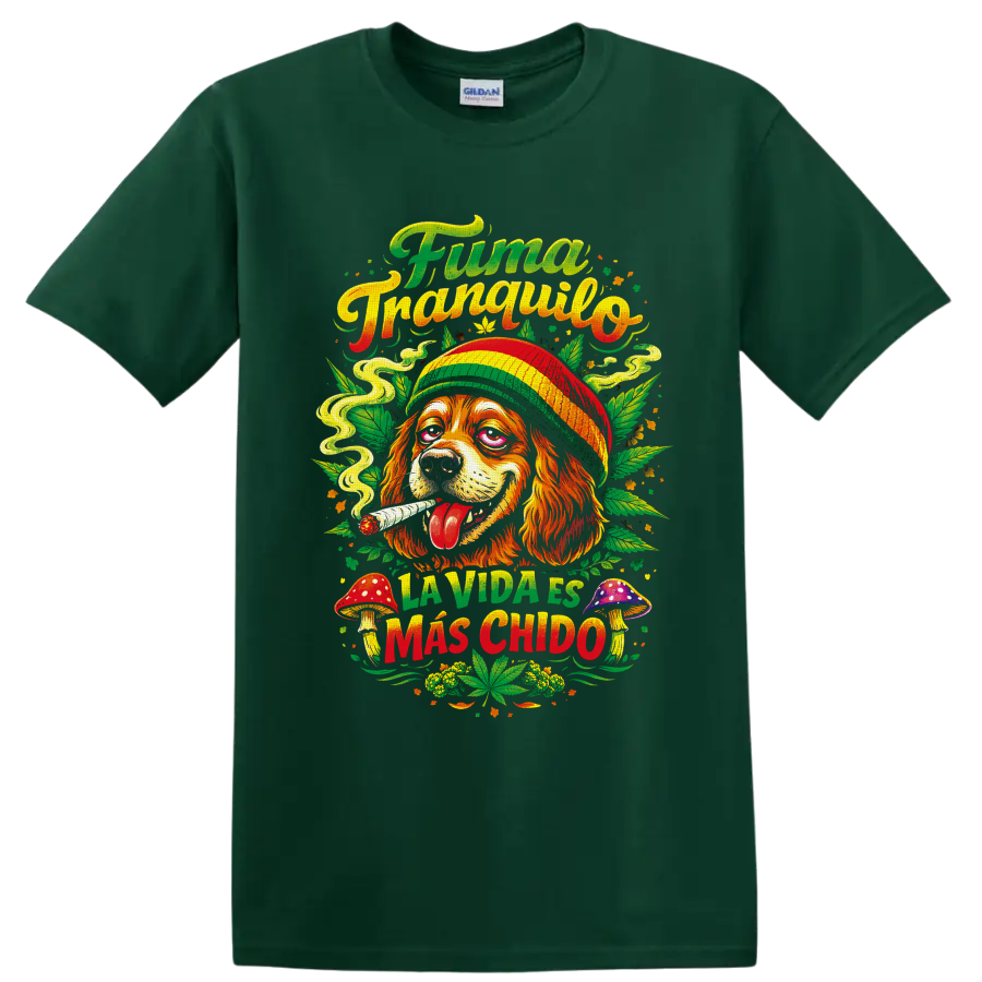 Psychedelic cannabis dog in striped hat with mushrooms and Fuma Tranquilo lettering on a Forest Green T Shirt