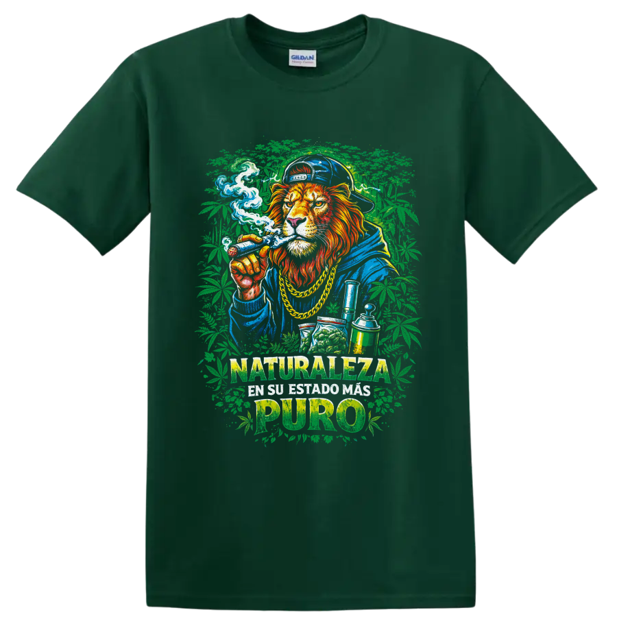 Street-art lion with cannabis leaves and Naturaleza en su estado mas puro text on a Forest Green T Shirt