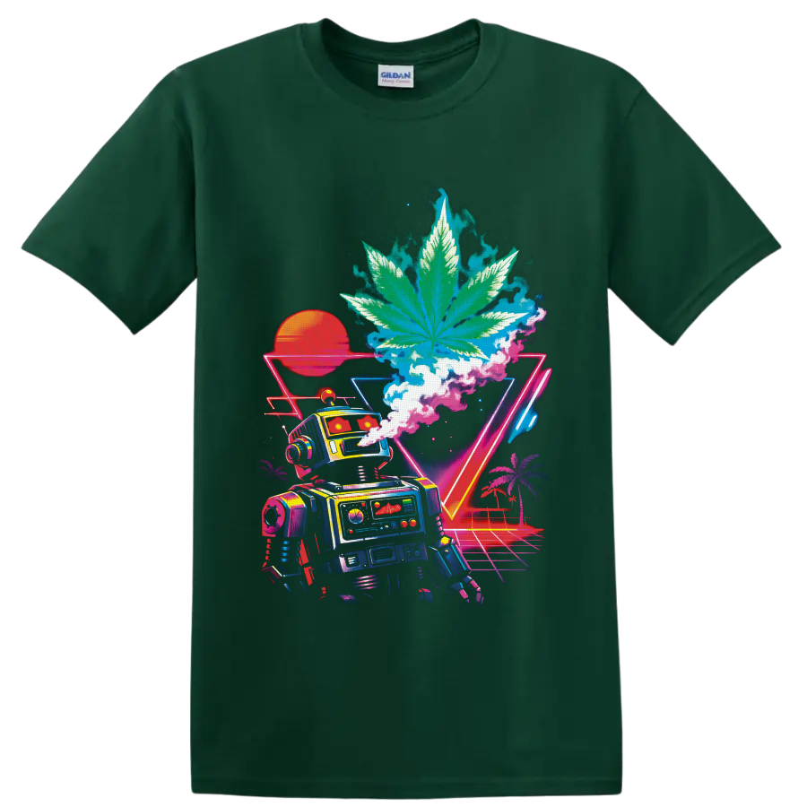 Neon vaporwave robot beneath a giant cannabis leaf with sunset, palms, and grid on a Forest Green T Shirt
