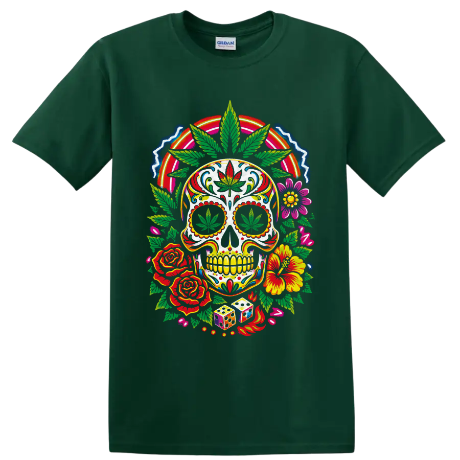 Psychedelic cannabis sugar skull with flowers, dice, flames, and rainbow arch on a Forest Green T Shirt