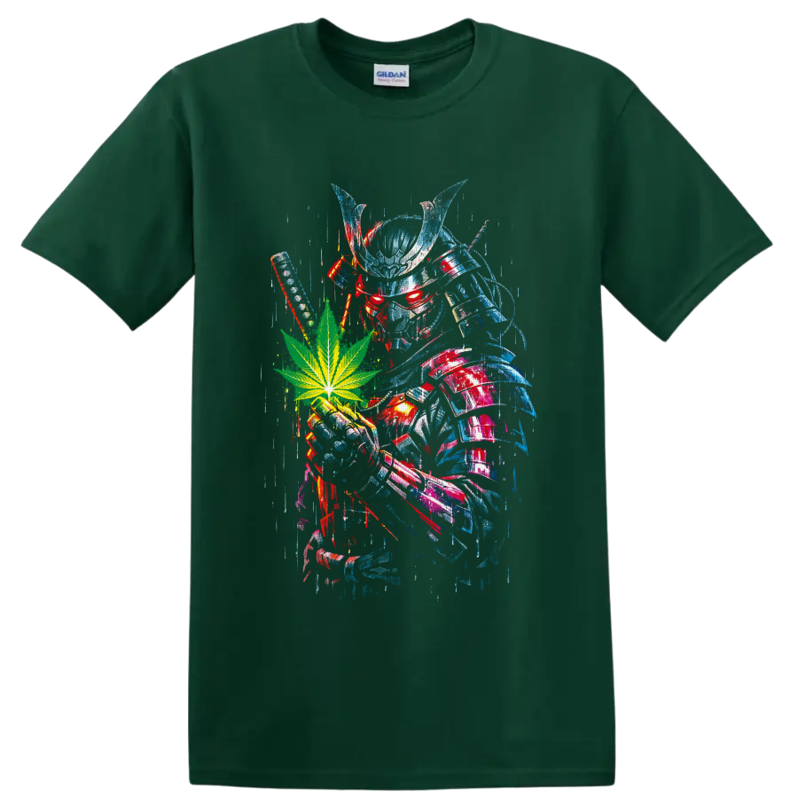 Cyber rabbit skull with green cannabis leaf in distressed blue and red glitch art on a Forest Green T Shirt