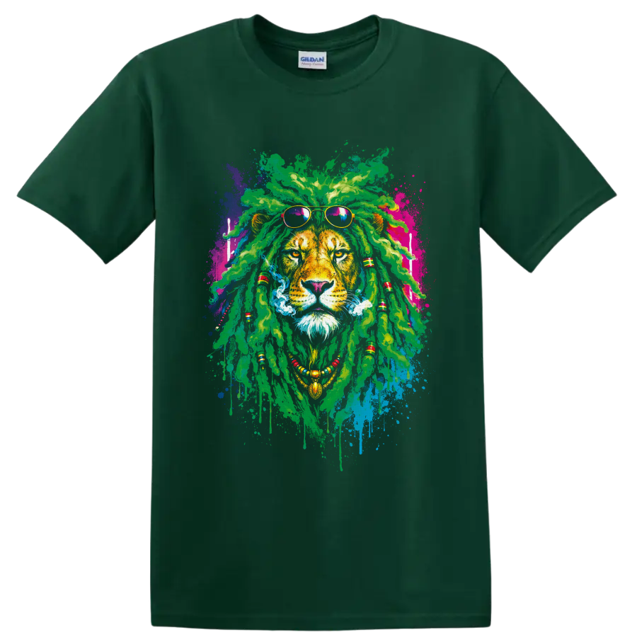 Rasta lion portrait with green dreadlocks, sunglasses, beads, smoke, and paint splashes on a Forest Green T Shirt