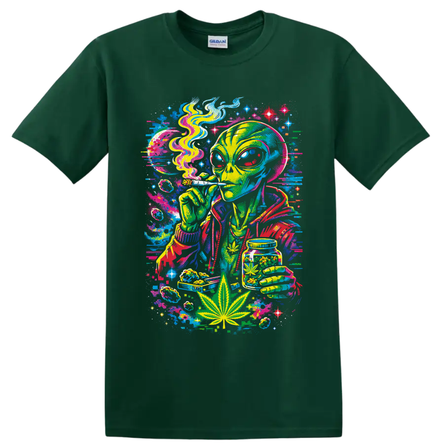 Psychedelic cannabis alien holding a smoking roll and cannabis jar in neon cosmic art on a Forest Green T Shirt