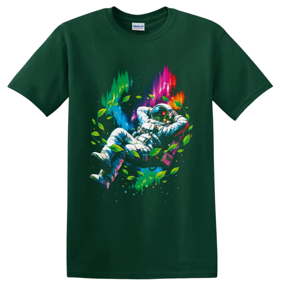 Psychedelic astronaut with green leaves, neon cosmic light, stars, and pixel bursts on a Forest Green T Shirt