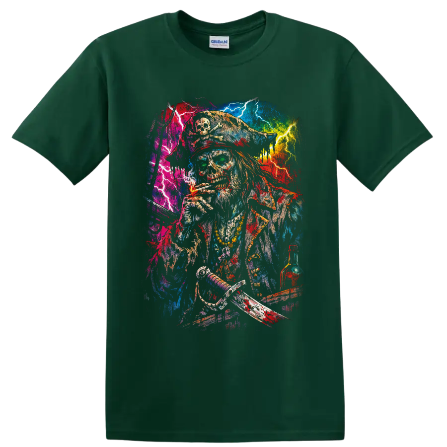 Psychedelic cannabis pirate skeleton with lightning, crossed swords, and bottle on a Forest Green T Shirt