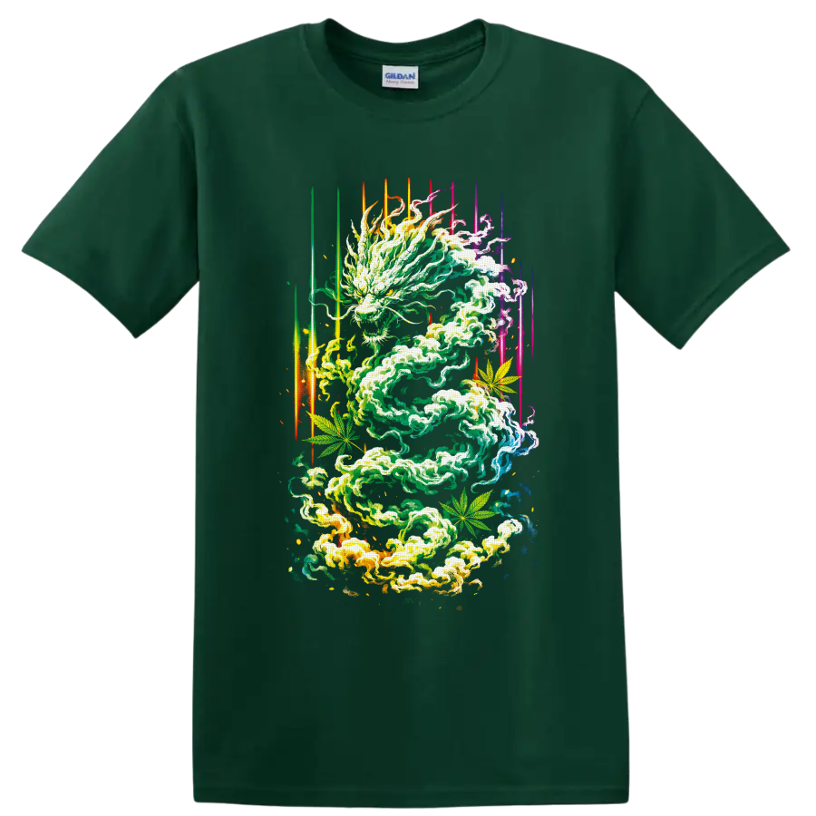 Psychedelic cannabis smoke dragon with leaves and neon light streaks on a Forest Green T Shirt