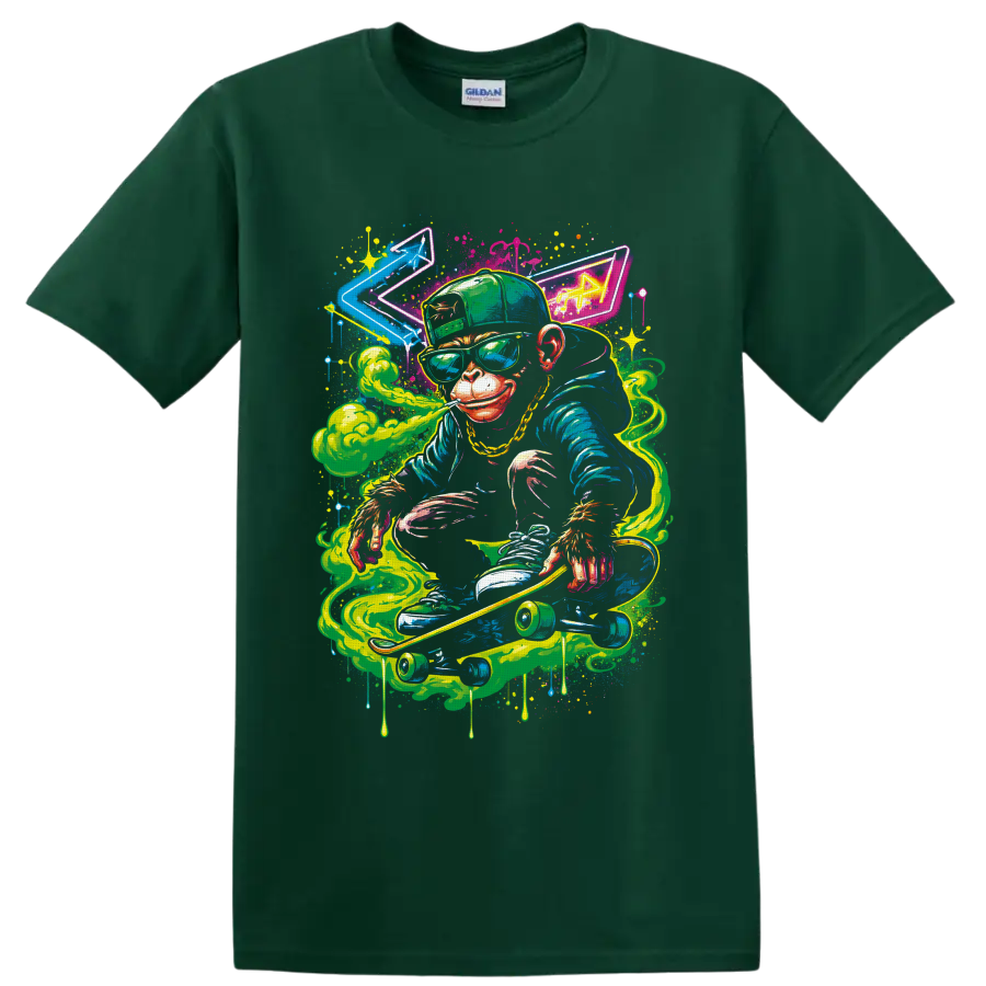 Neon graffiti-style monkey skateboarder with cannabis leaf cap, green smoke, and paint on a Forest Green T Shirt