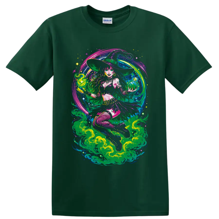 Psychedelic cannabis witch holding green potion orb amid swirling smoke and stars on a Forest Green T Shirt