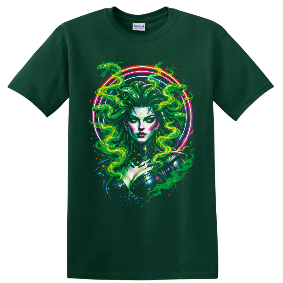 Psychedelic Medusa portrait with green serpent hair and glowing neon rings on a Forest Green T Shirt