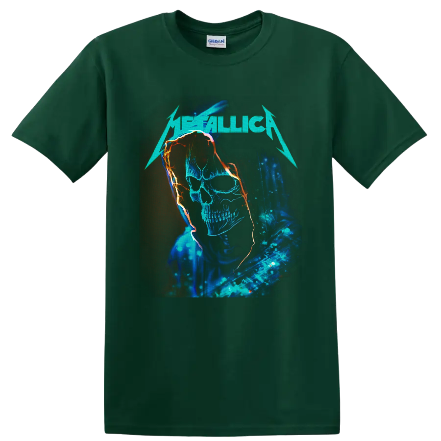 Metallica logo above a neon blue hooded skull with fiery orange outlines on a Forest Green T Shirt