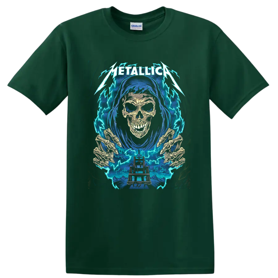 Metallica logo with hooded skull, skeletal hands, electric chair, and lightning graphic on a Forest Green T Shirt