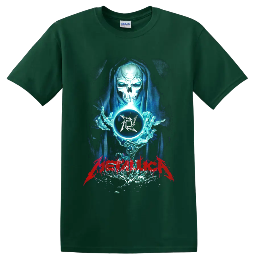 Metallica reaper with crystal ball, blue energy, and red band lettering on a Forest Green T Shirt