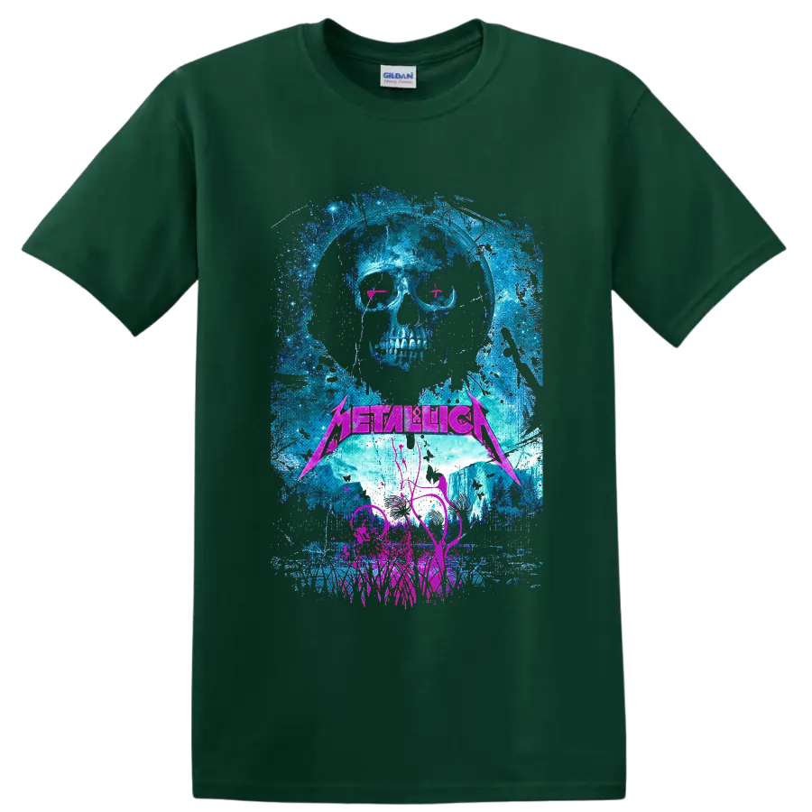 Distressed Metallica skull graphic with neon pink eyes, blue splatter, and pink logo on a Forest Green T Shirt