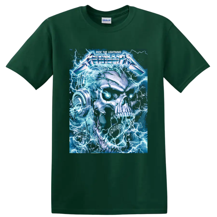 Metallica Ride the Lightning skull with blue lightning and glowing eyes on a Forest Green T Shirt