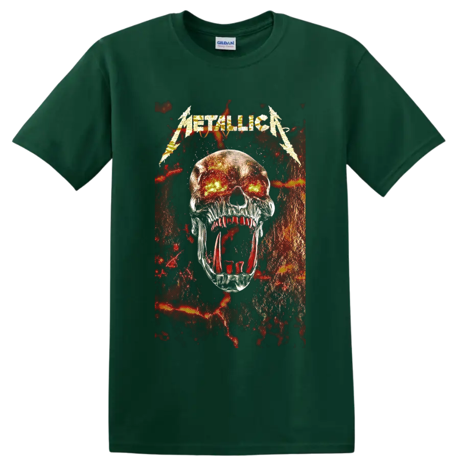 Metallica logo above a fiery-eyed skull in distressed red and black heavy metal art on a Forest Green T Shirt