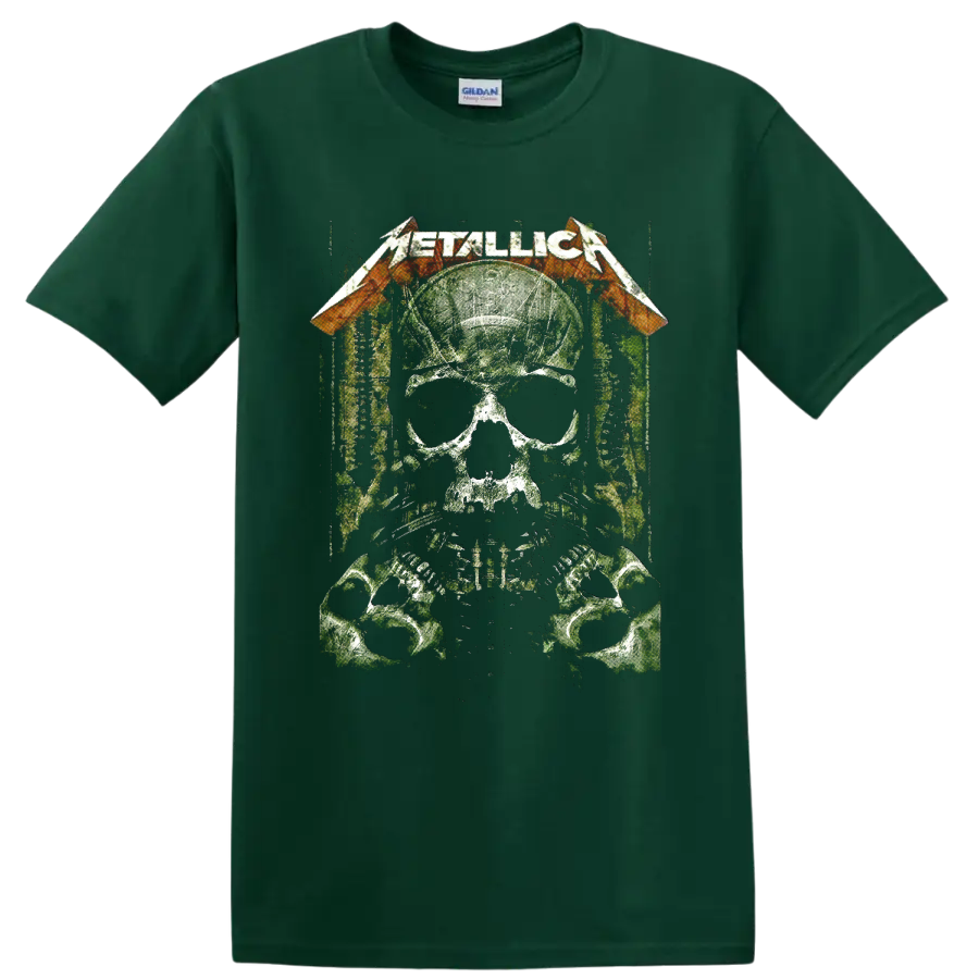 Metallica logo over distressed skull soldier with helmet, sunglasses, dog tags, and skulls on a Forest Green T Shirt