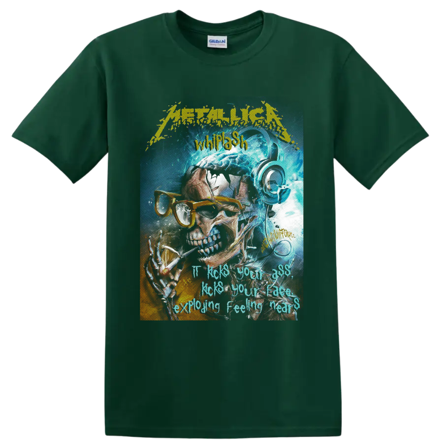 Metallica Whiplash skull in orange glasses and headphones with electric blue energy on a Forest Green T Shirt