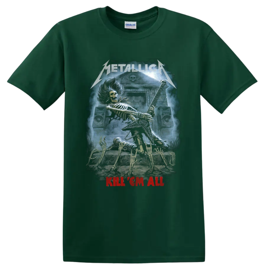 Metallica Kill 'Em All skeletal guitarist graphic with speakers and graveyard scene on a Forest Green T Shirt
