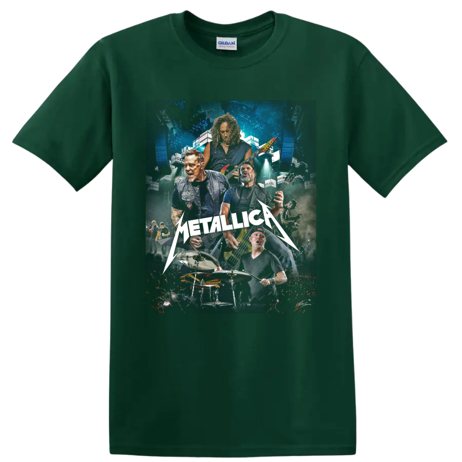 Metallica live concert collage with musicians, guitars, drums, arena lights, and logo on a Forest Green T Shirt