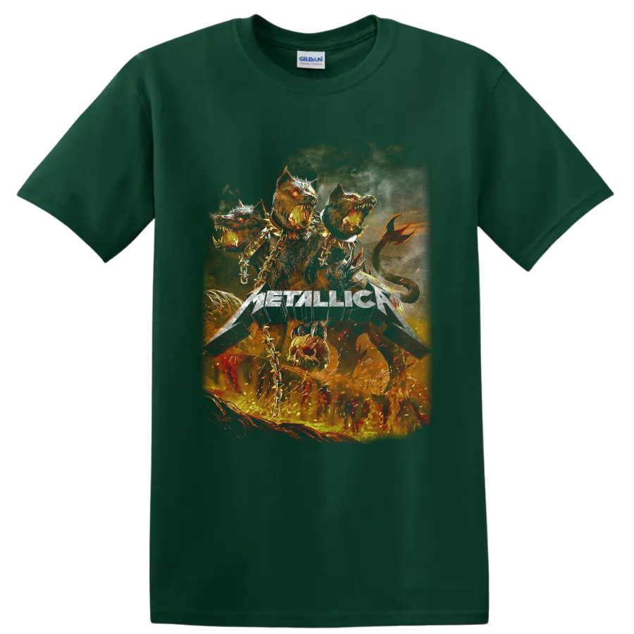 Metallica logo with fiery three-headed infernal hound, chains, spikes, and flames on a Forest Green T Shirt