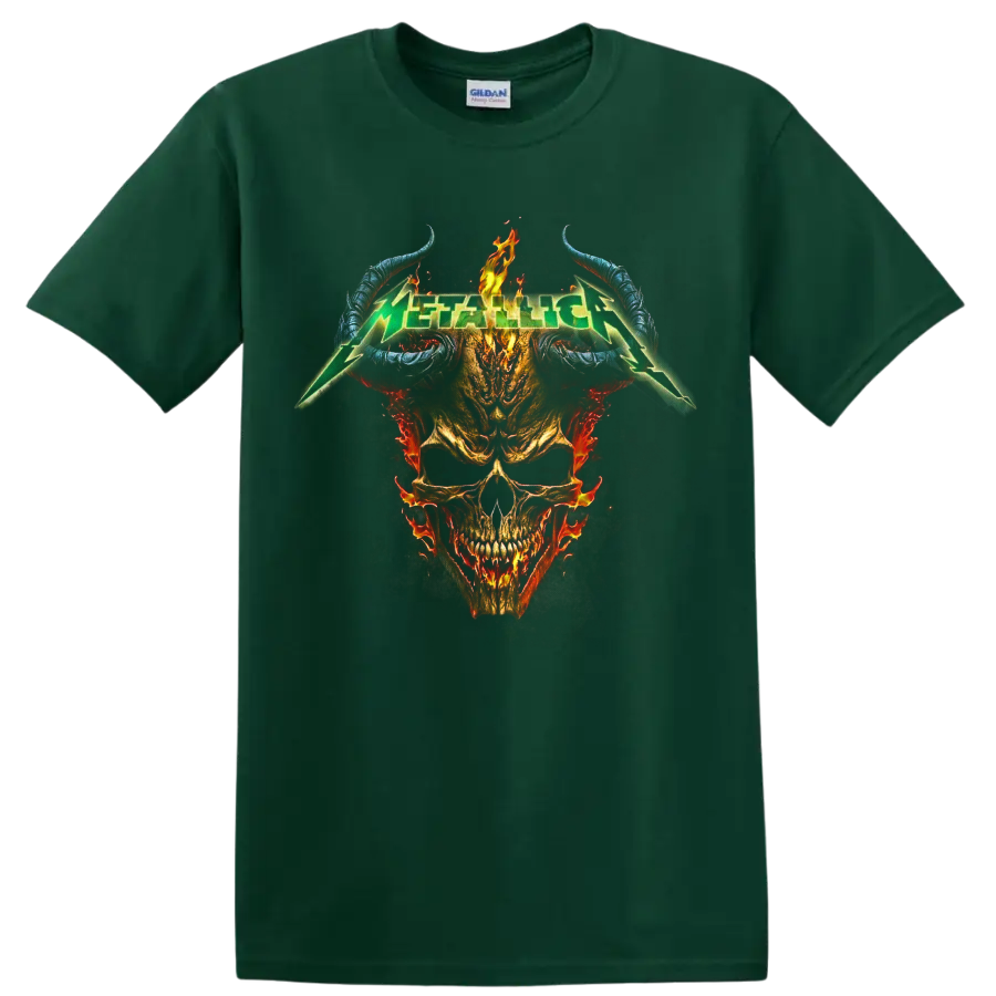 Metallica green logo over a flaming skull with curved blue horns and smoky metal artwork on a Forest Green T Shirt