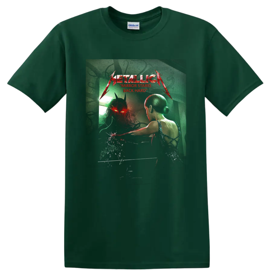 Metallica Mirror Stares Back horror graphic with horned red-eyed mirror reflection on a Forest Green T Shirt