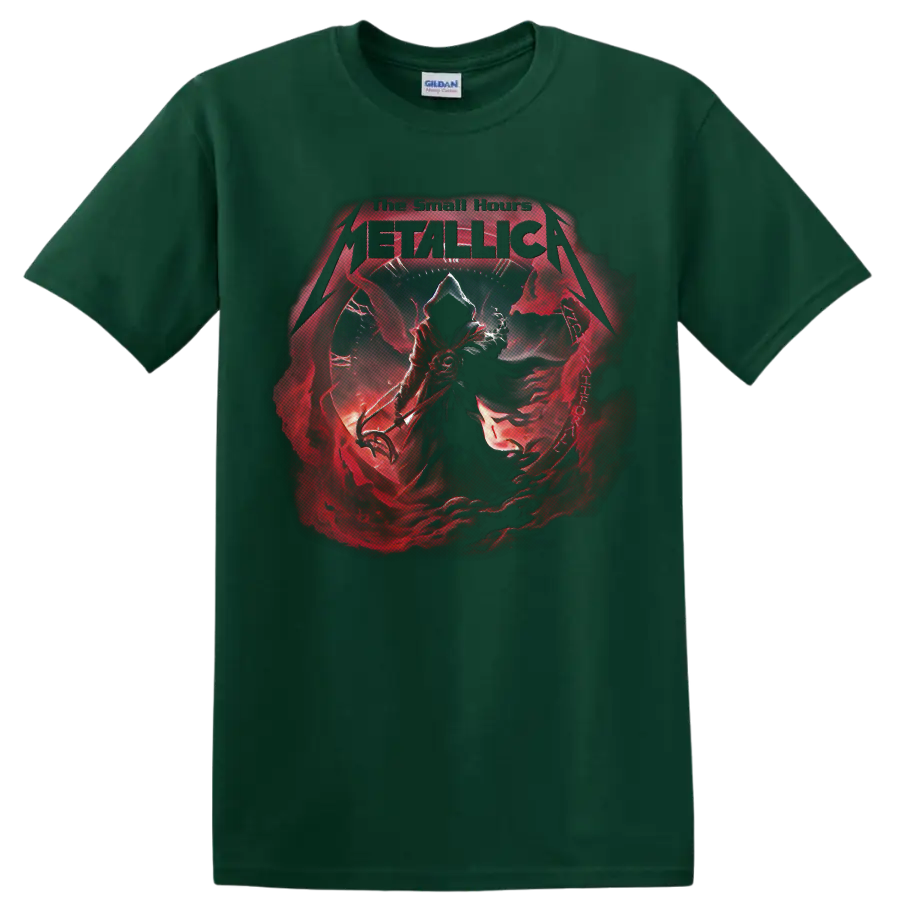 Metallica The Small Hours gothic grim reaper and red clock graphic on a Forest Green T Shirt
