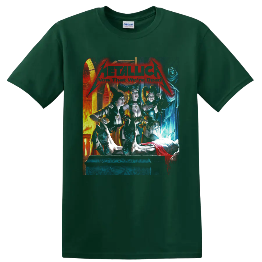 Metallica Kill 'Em All gothic horror artwork with horned women and a hooded skeleton on a Forest Green T Shirt